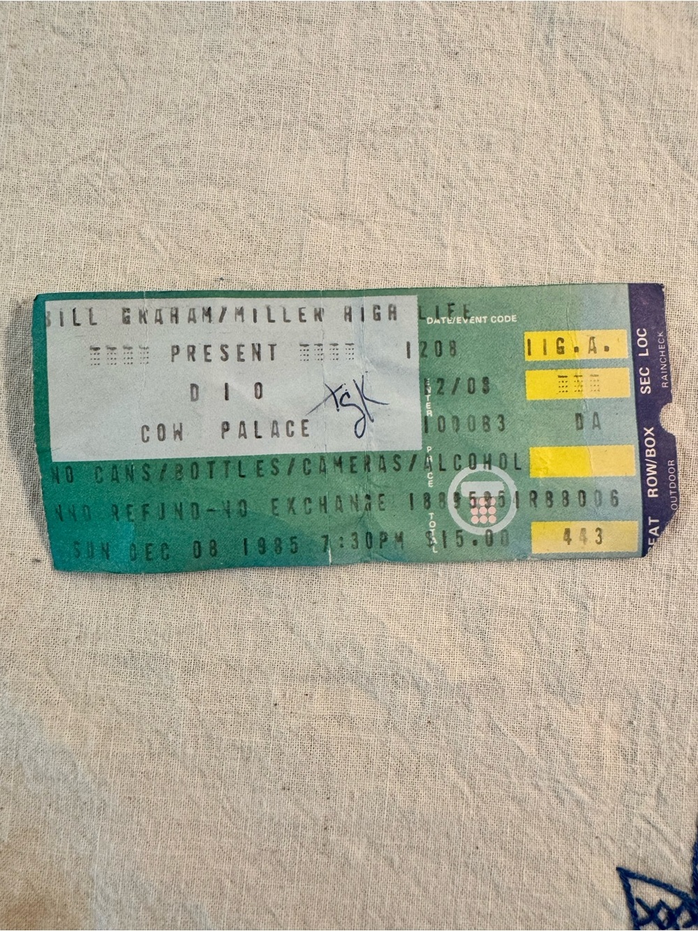 Vintage 1985 Dio Cow Palace Bill Graham Concert Memorabilia Ticketron